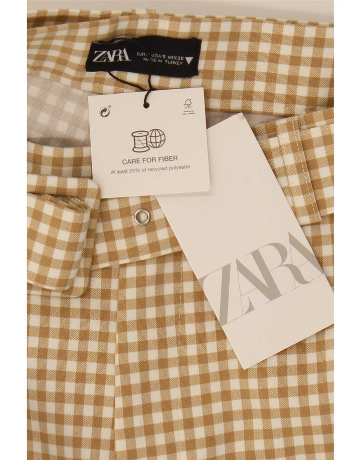 Zara Womens High Waist Hot Pants Small W26 Beige Gingham Polyester