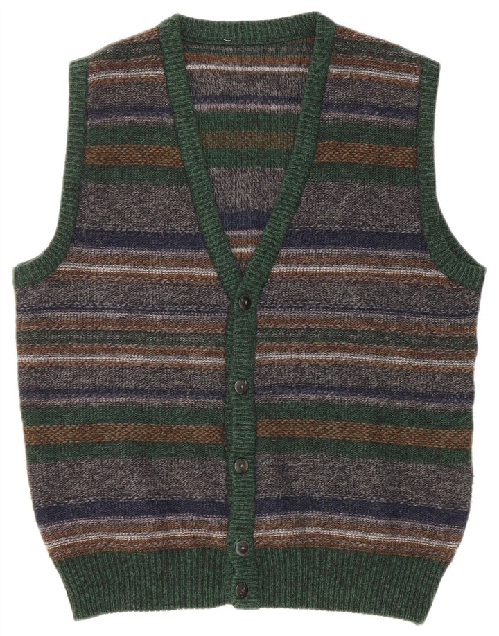 Vintage herre ærmeløs cardigan sweater Medium flerfarvet stribet uld