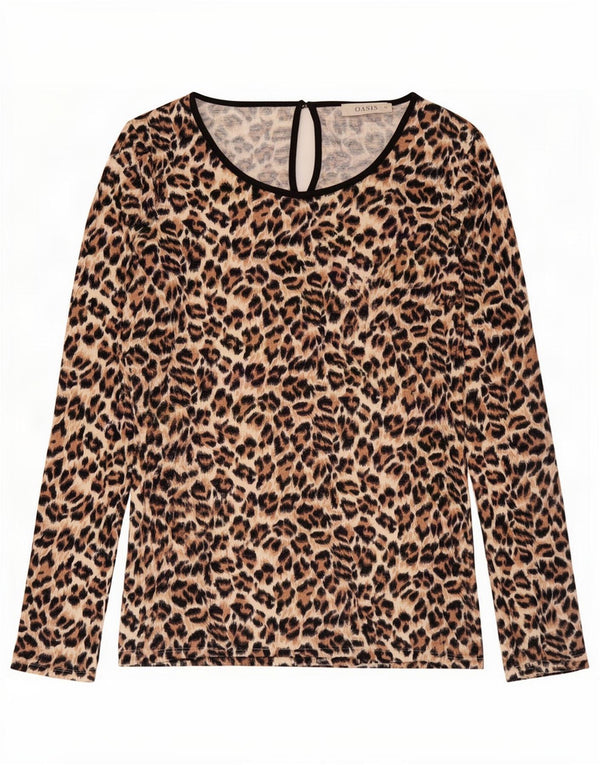 Oasis Dame Langærmet Bluse Top UK 12 Medium Brown Animal Print Viscose