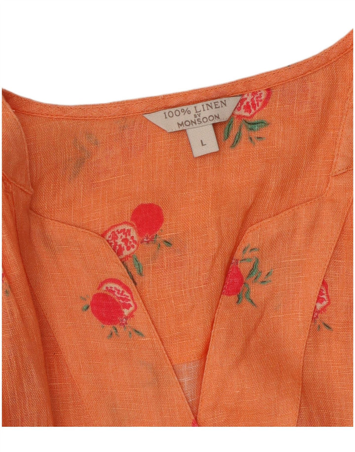 MONSOON Kvinder Oversized grafisk bluse Top UK 16 Large Orange Linen