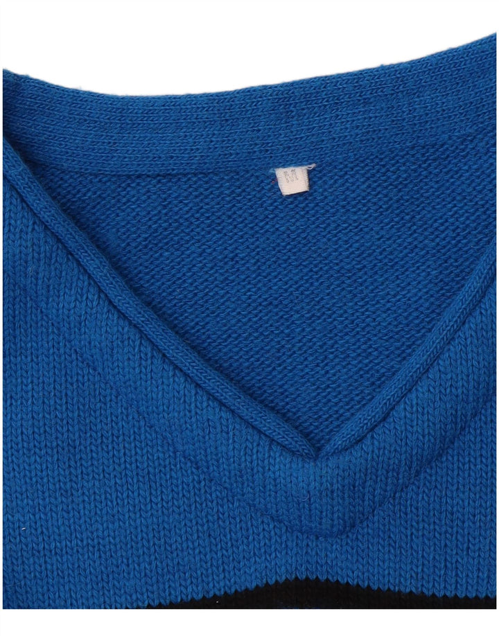 Vintage Herre V-hals sweater Medium Blue Colourblock