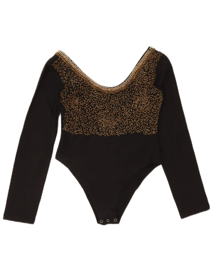 Vintage langærmet bodysuit til kvinder UK 12 Mellem sort bomuld