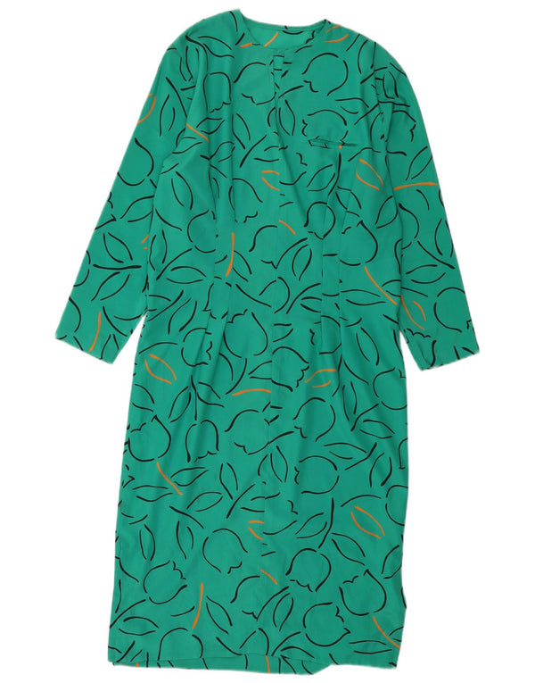 Vintage Dame Langærmet Maxi Kjole UK 14 Medium Grøn Geometrisk