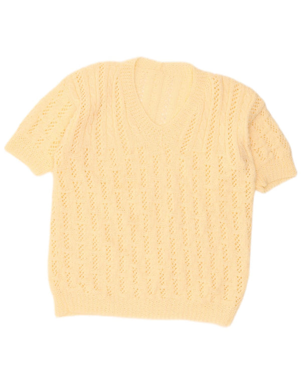 Vintage Dame Kortærmet V-hals Jumper Sweater UK 18 XL Beige