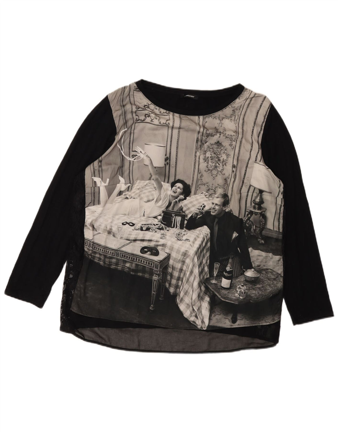 ELENA MIRO Dame Grafisk Top Langærmet UK 18 XL Sort