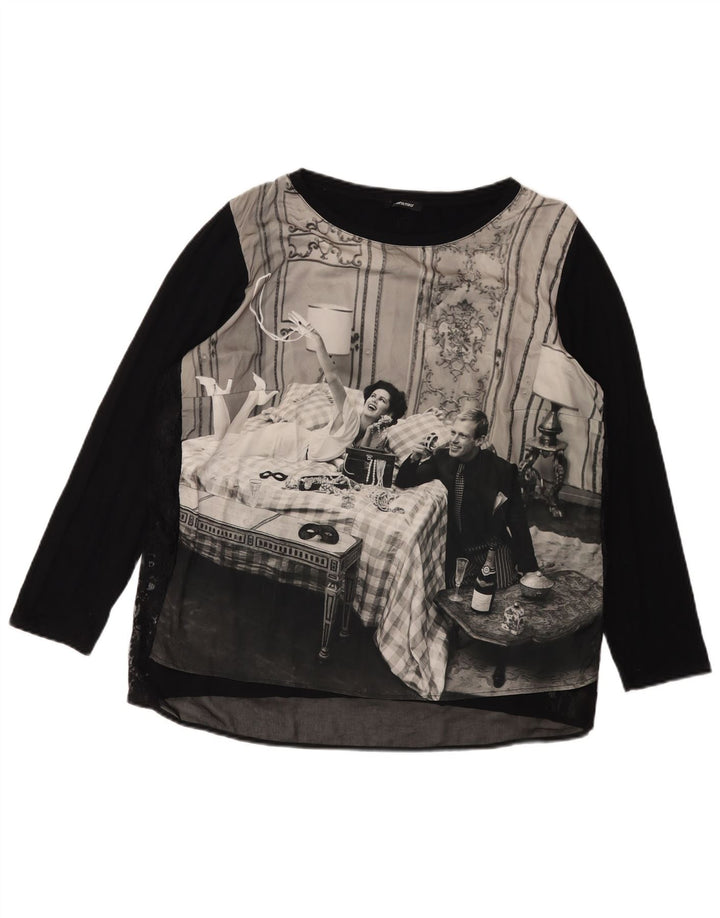 ELENA MIRO Dame Grafisk Top Langærmet UK 18 XL Sort