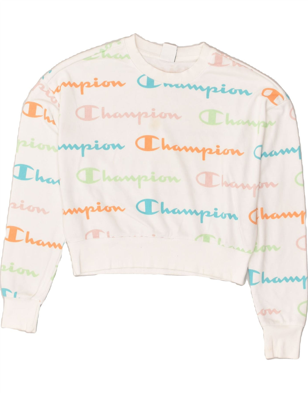 CHAMPION Womens Graphic Sweatshirt Jumper UK 14 Medium White Cotton | Vintage Champion | Thrift | Second-Hand Champion | Used Clothing | Messina Hembry 