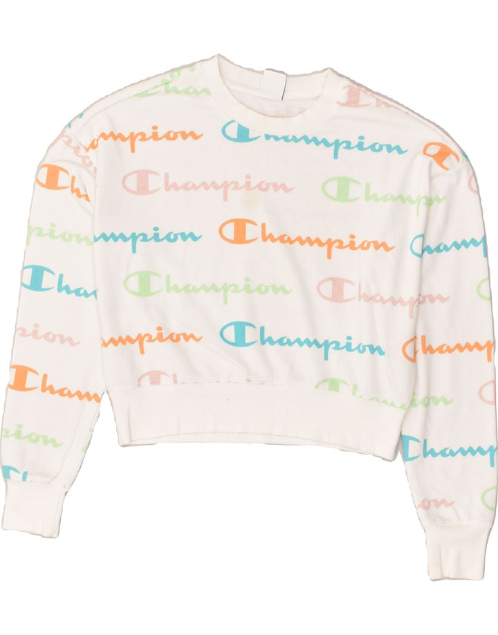 CHAMPION Womens Graphic Sweatshirt Jumper UK 14 Medium White Cotton | Vintage Champion | Thrift | Second-Hand Champion | Used Clothing | Messina Hembry 