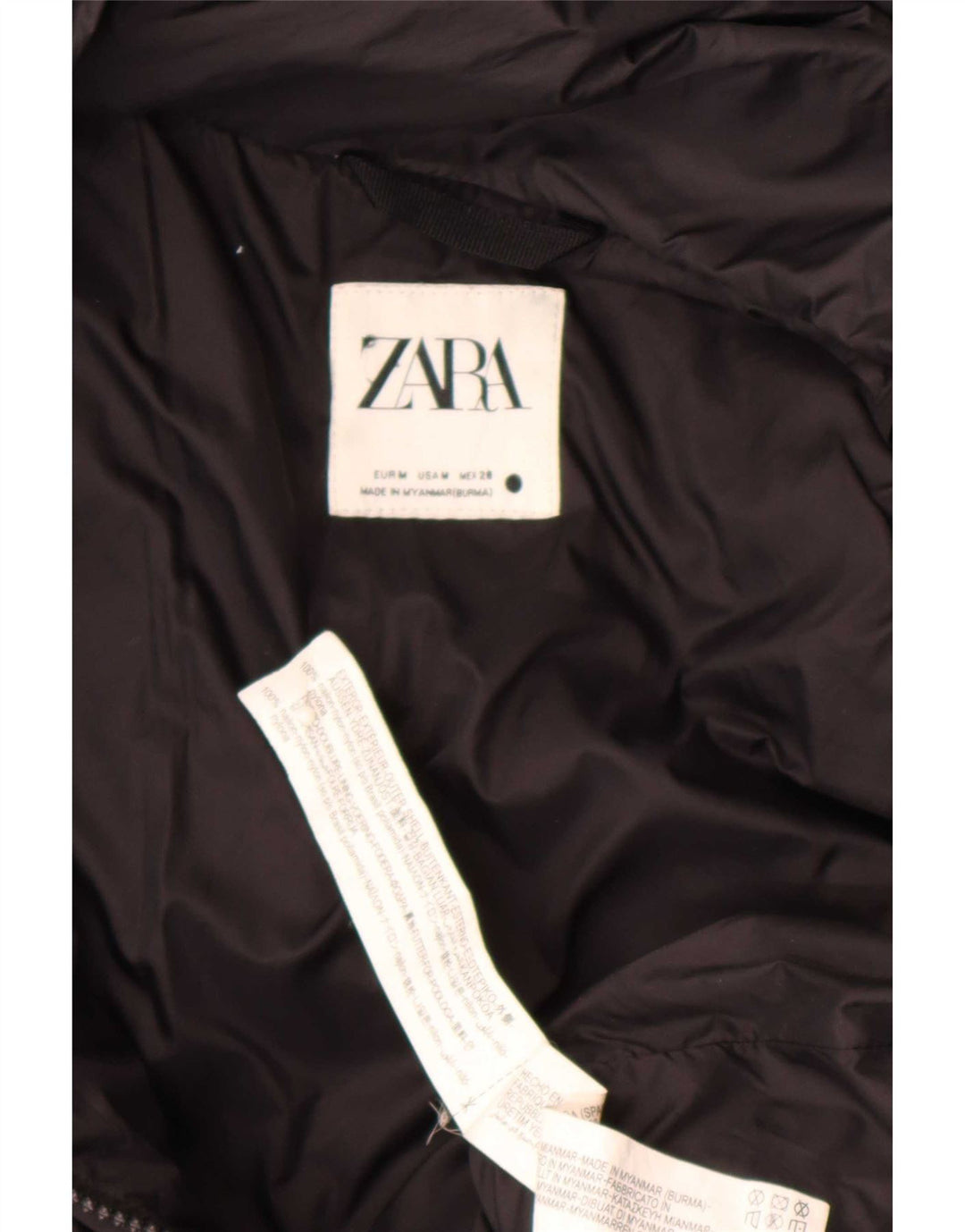 Zara Dame Hætte Polstret Jakke UK 14 Medium Sort Nylon