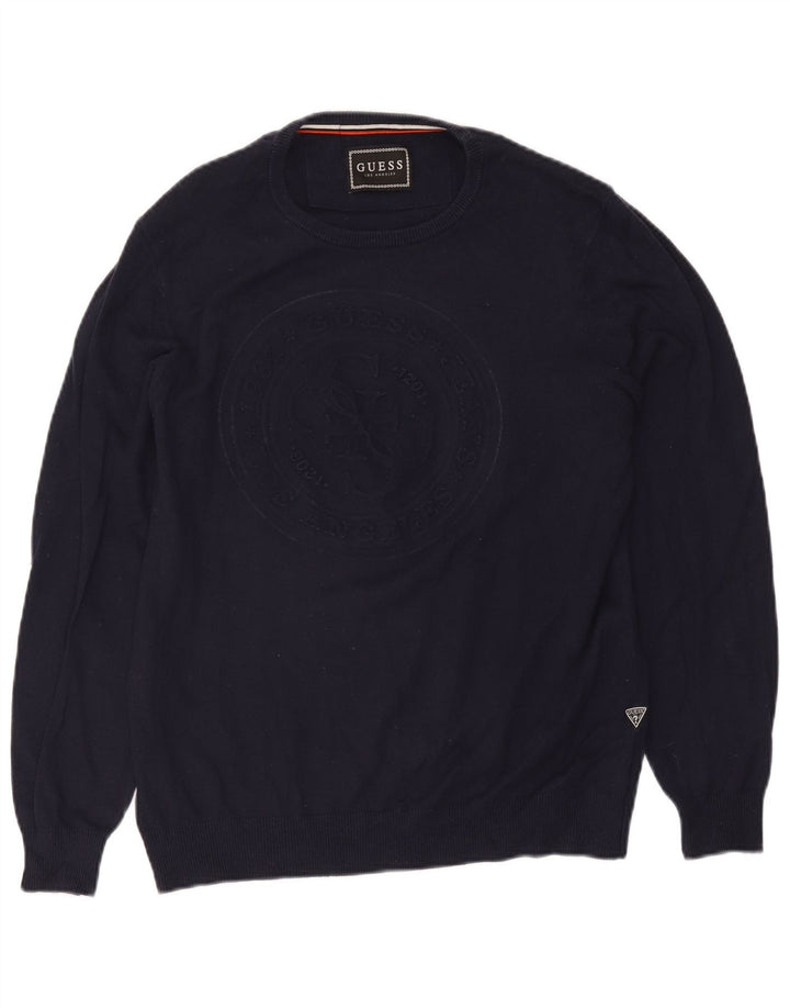 Guess Herre Grafisk Boat Neck Jumper Sweater UK 40 Medium Navy Blue
