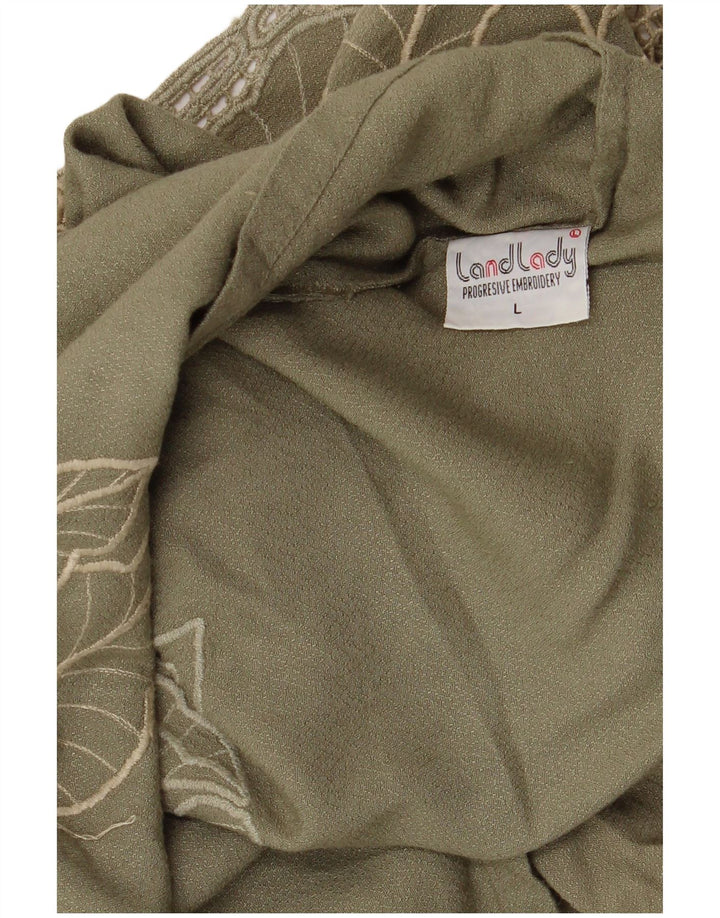 Vintage Dame Bluse Top UK 16 Stor Khaki Floral Rayon