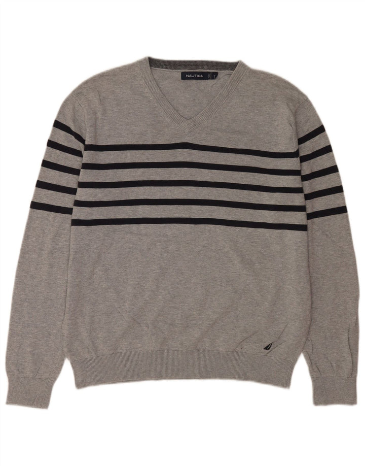 Nautica Herre V-hals sweater mellem grå stribet bomuld