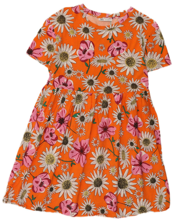 Zara Kvinder Plisseret A-Line Kjole UK 10 Small Orange Floral Bomuld