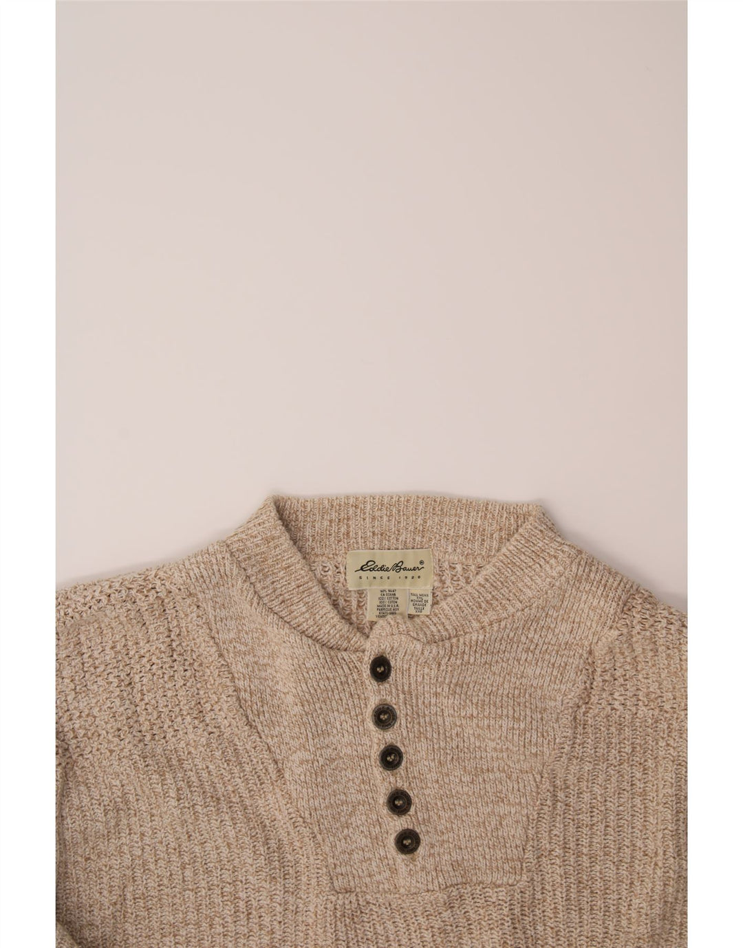 EDDIE BAUER Mens Tall Button Neck Jumper Sweater 2XL Beige Cotton Vintage Eddie Bauer and Second-Hand Eddie Bauer from Messina Hembry 