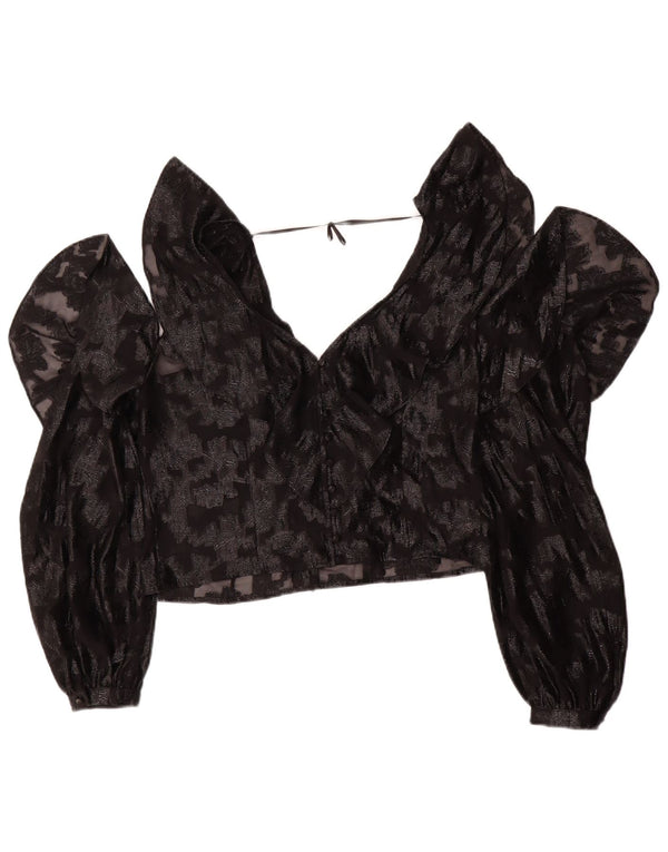 Vintage Womens Crop Langærmet Bluse Top UK 14 Medium Black Floral