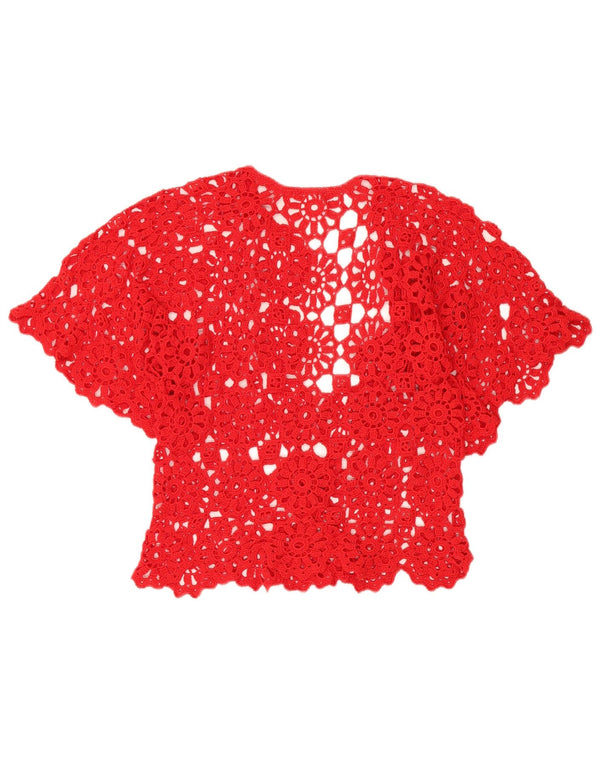 VINTAGE kortærmet hæklet cardigantop til kvinder DK 12 Medium Red Floral