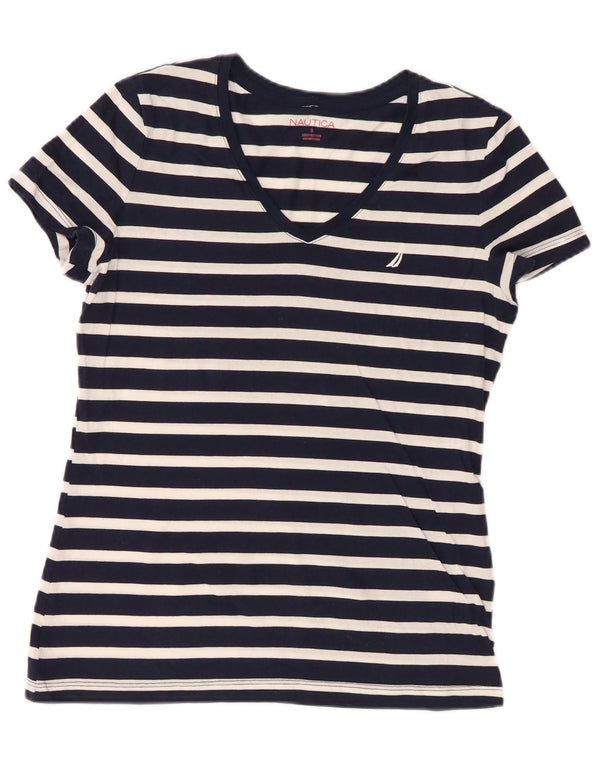 Nautica Dame T-Shirt Top UK 10 Lille Marineblå Stribet Bomuld