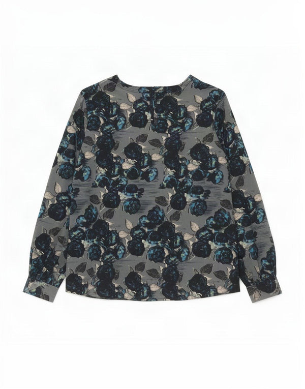 Vintage Dame Top Langærmet UK 14 Large Navy Blue Floral Silke