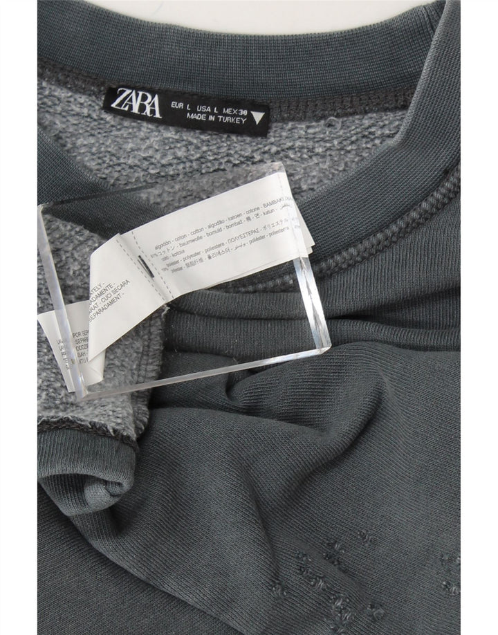 ZARA Womens Oversized Crop Sweatshirt Jumper UK 16 Large Grey Cotton Vintage Zara and Second-Hand Zara from Messina Hembry 