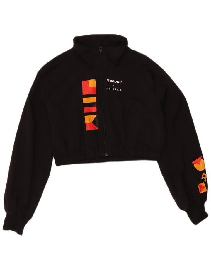 Reebok Womens Crop Graphic Tracksuit Top Jacket UK 18 XL Sort Polyamid