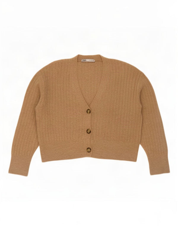 Zara Womens Crop Oversized Cardigan Sweater UK 10 Small Beige Acryl