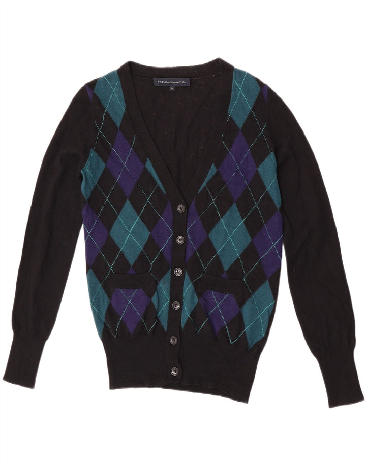 French Connection Dame Cardigan Sweater UK 14 Medium Black Argyle/Diamond