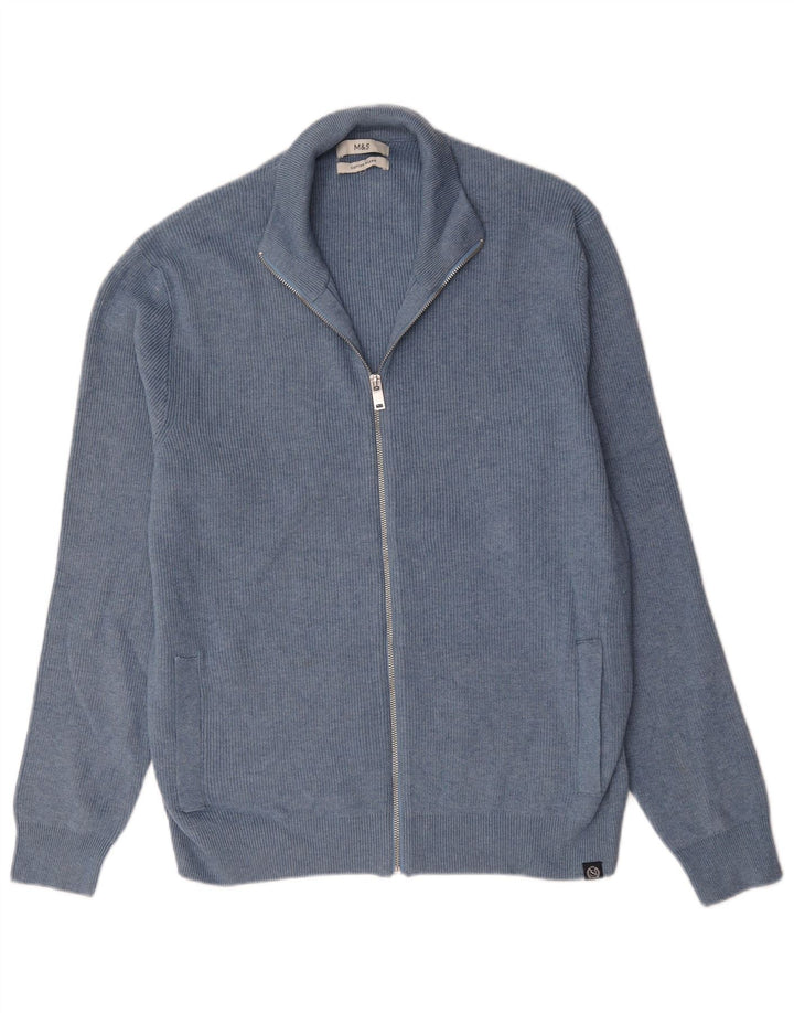 Marks & Spencer Herre Cardigan Sweater Stor Blå Bomuld