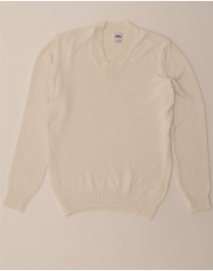 ZARA Mens V-Neck Jumper Sweater Medium White Cotton Vintage Zara and Second-Hand Zara from Messina Hembry 