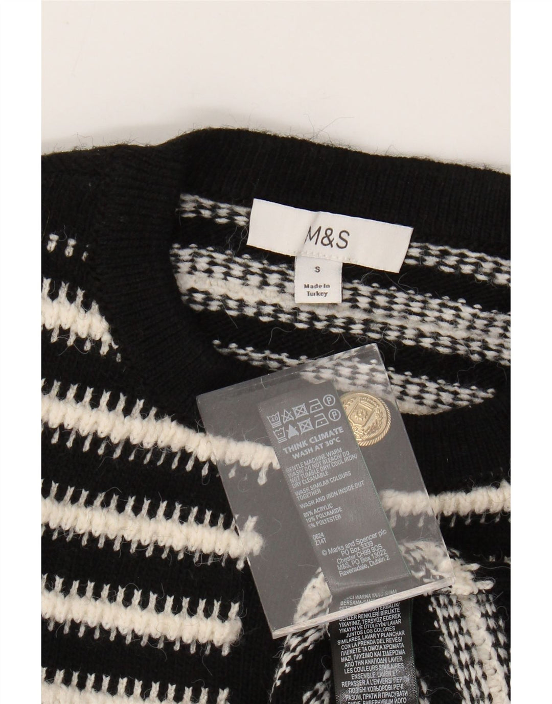 MARKS & SPENCER Dame cardigan sweater UK 10 Lille sort stribet akryl