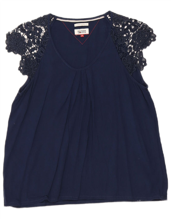 Tommy Hilfiger Dame Bluse Top UK 10 Small Navy Blue Viscose