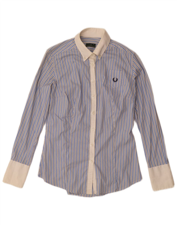 Fred Perry Dameskjorte UK 14 Stor Blå Nålestribet Bomuld