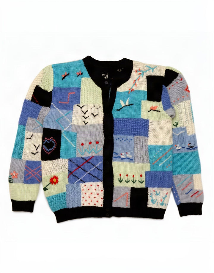 Vintage Dame Cardigan Sweater UK 16 Stor Flerfarvet Patchwork Retro