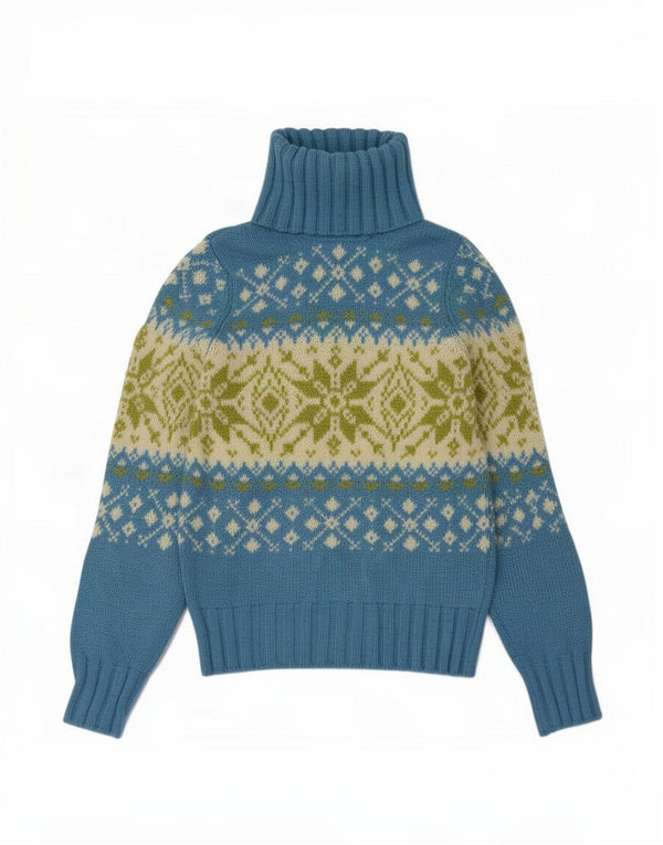 Benetton Dame Rullehals Sweater UK 8 Small Blue Fair Isle