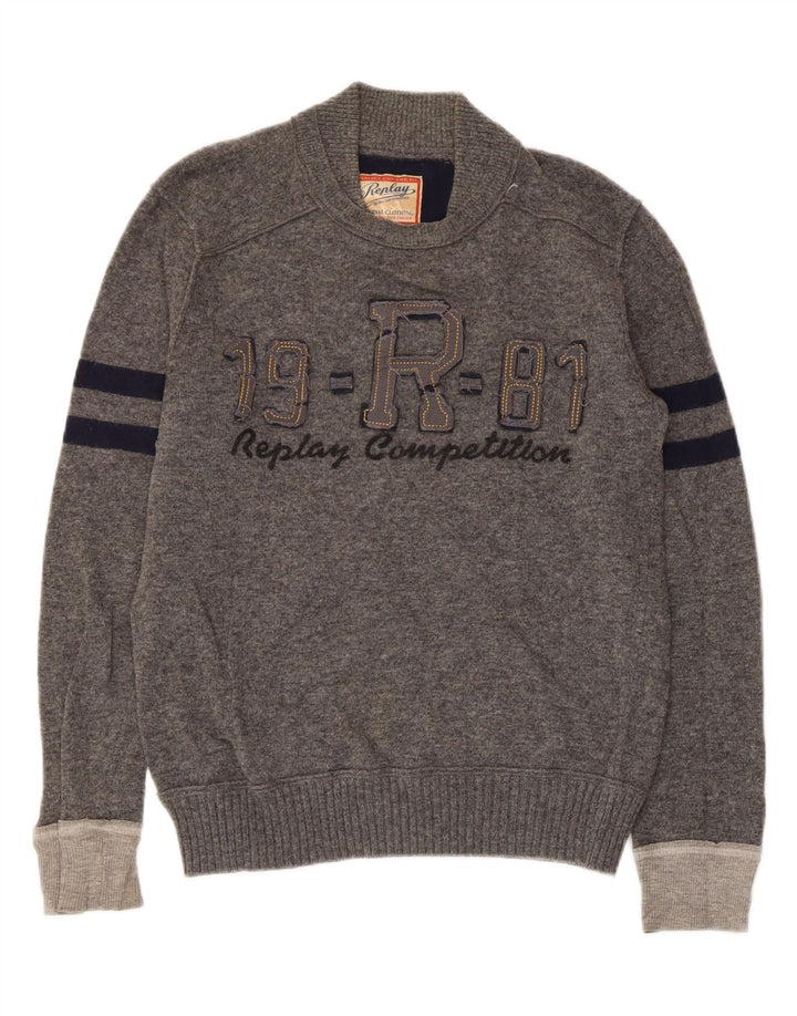 Replay Herre grafisk rund hals sweater lille grå stribet retro