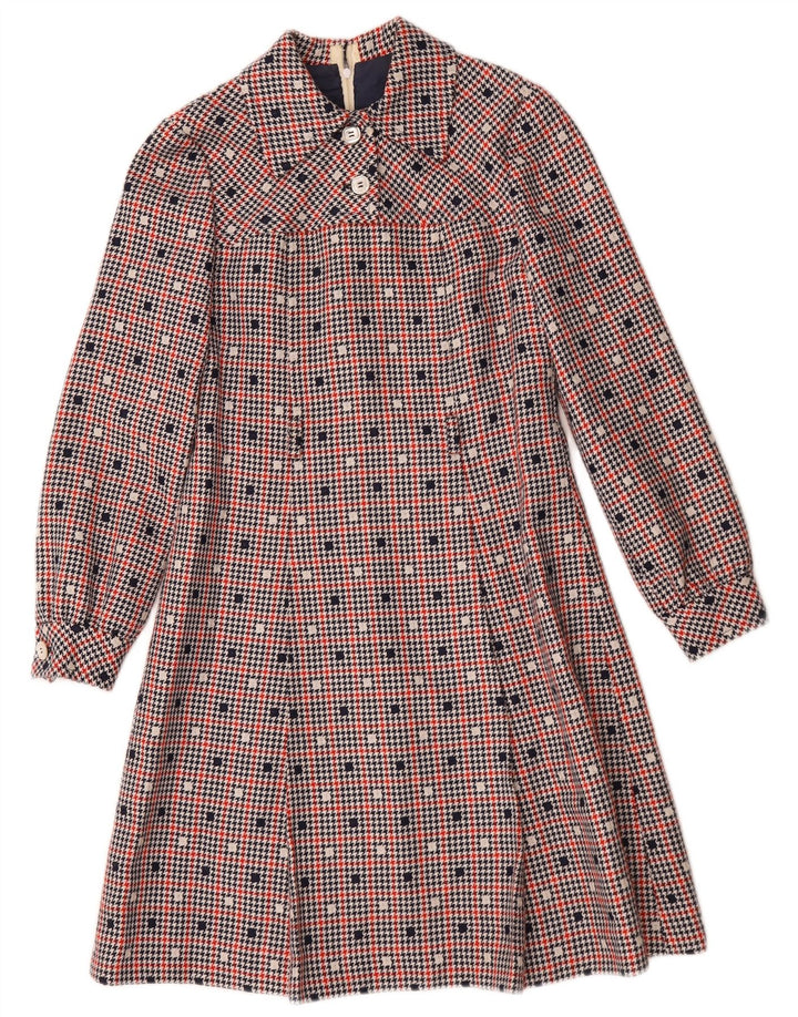Vintage Dame Langærmet A-Line Kjole UK 10 Small Multicolored Check