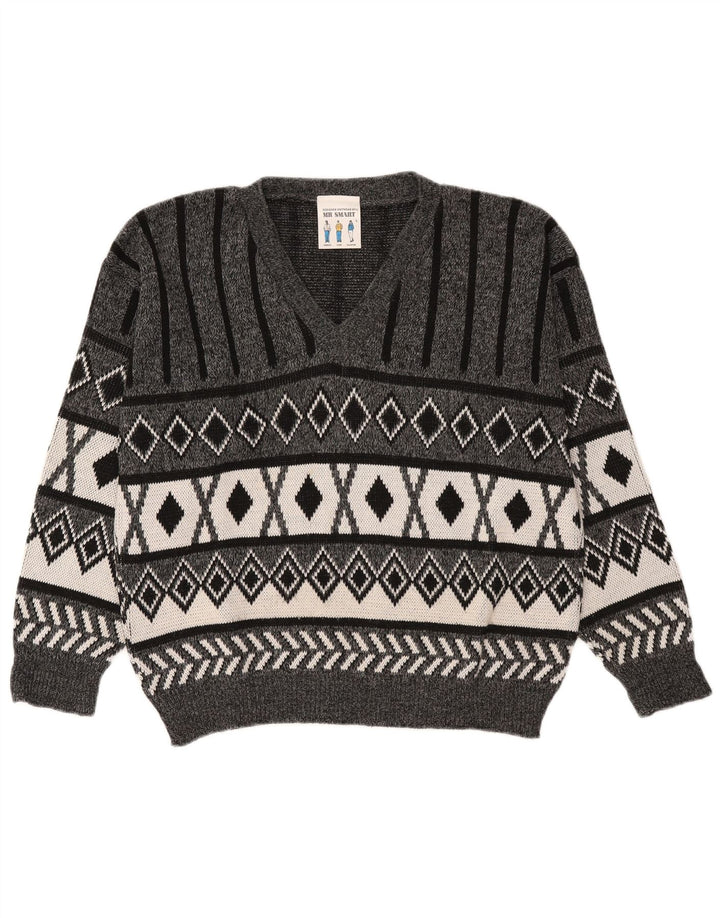 Vintage herre V-hals sweater stor grå Argyle/diamant akryl
