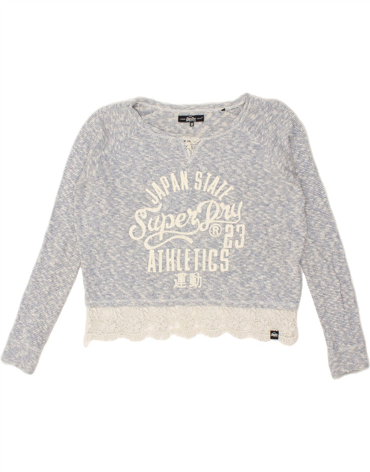 SUPERDRY Womens Oversized Graphic Sweatshirt Jumper UK 14 Medium Blue Vintage Superdry and Second-Hand Superdry from Messina Hembry 