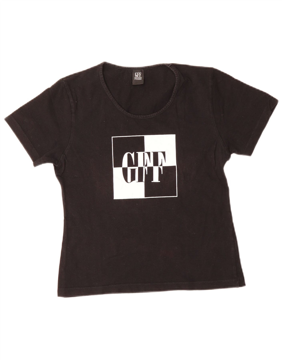GIANFRANCO FERRE Dame Crop Grafisk T-shirt Top IT 44 Medium Sort Bomuld