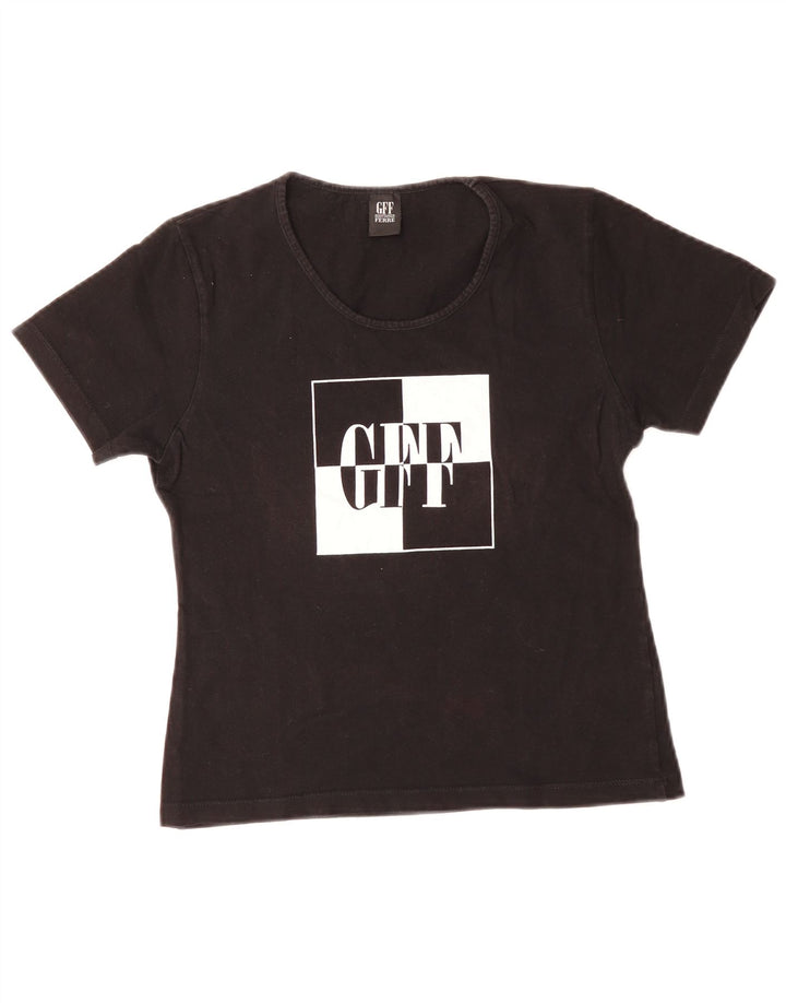 GIANFRANCO FERRE Dame Crop Grafisk T-shirt Top IT 44 Medium Sort Bomuld
