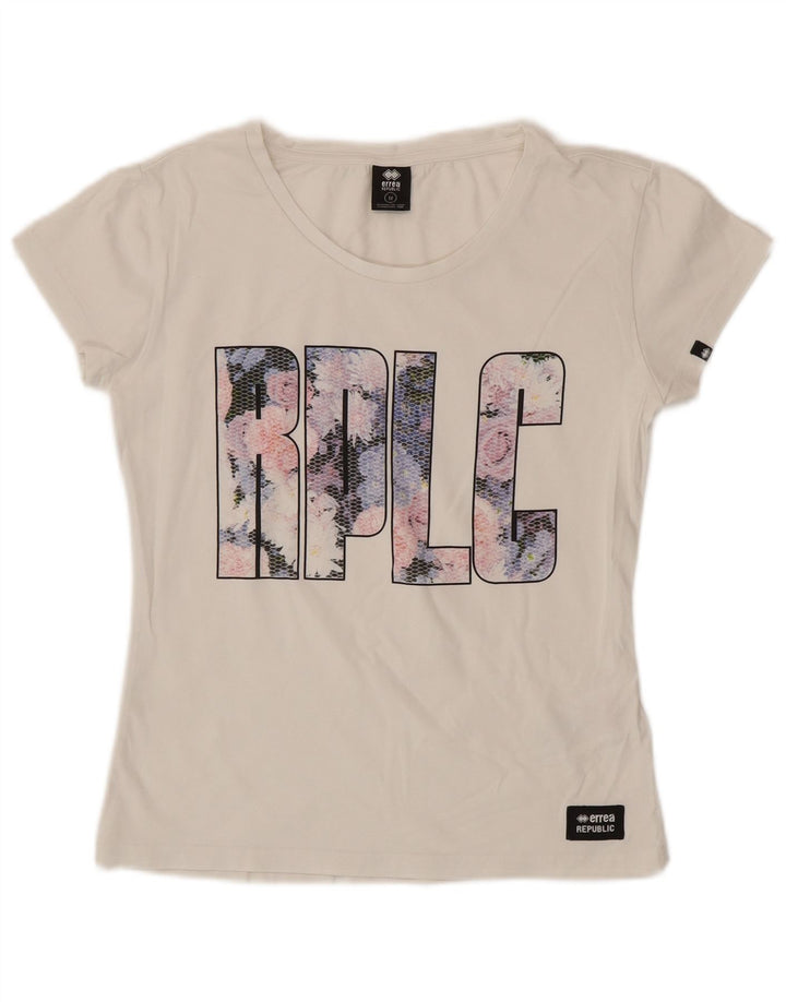 ERREA Womens Crop Graphic T-Shirt Top UK 12 Medium White Cotton