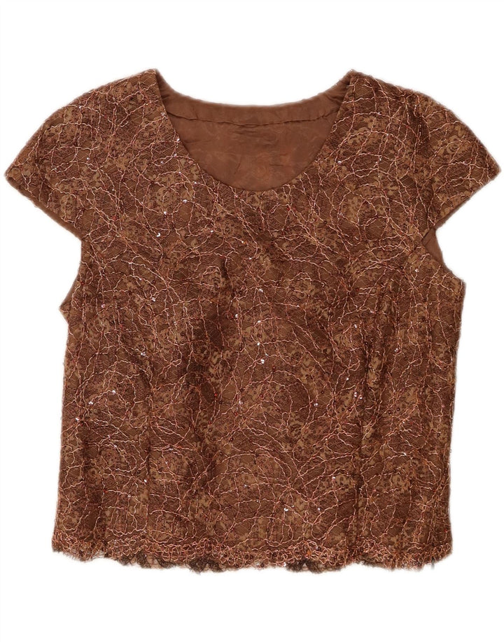 VINTAGE Womens Abstract Pattern Crop Blouse Top UK 14 Medium Brown Vintage Vintage and Second-Hand Vintage from Messina Hembry 