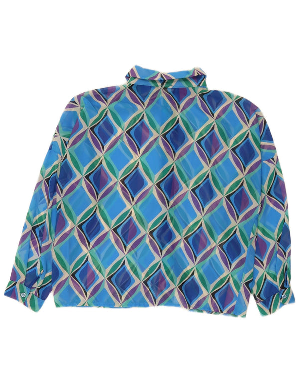 Vintage skjortebluse med 3/4 ærmer til kvinder UK 16 Stor blå geometrisk polyester