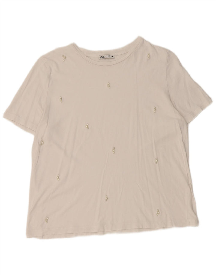 Zara Dame T-Shirt Top UK 18 XL Hvid Plettet