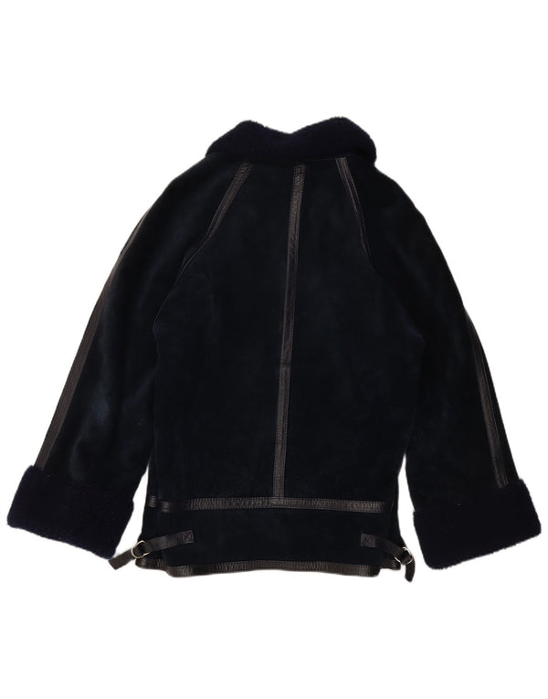 VINTAGE Dame Shearling Jacket IT 44 Medium Navy Blue Læder