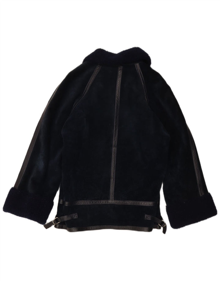 VINTAGE Dame Shearling Jacket IT 44 Medium Navy Blue Læder