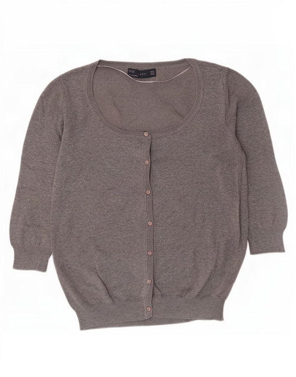 Zara Womens 3/4 Sleeve Cardigan Sweater UK 12 Medium Grey Cotton