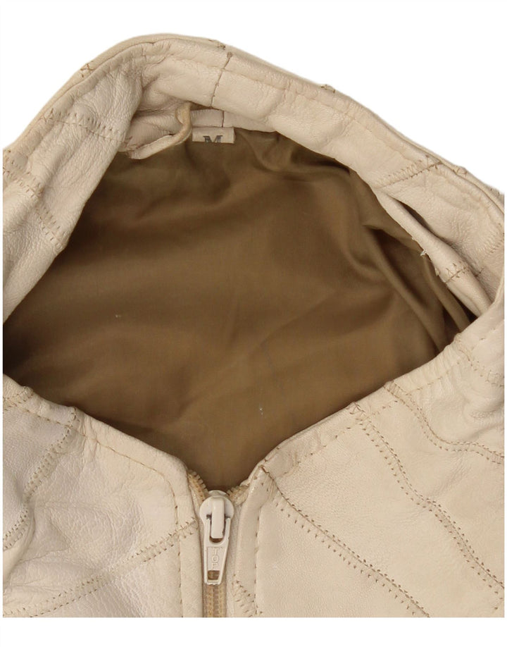 VINTAGE Bomber læderjakke til kvinder UK 14 Medium hvidt læder