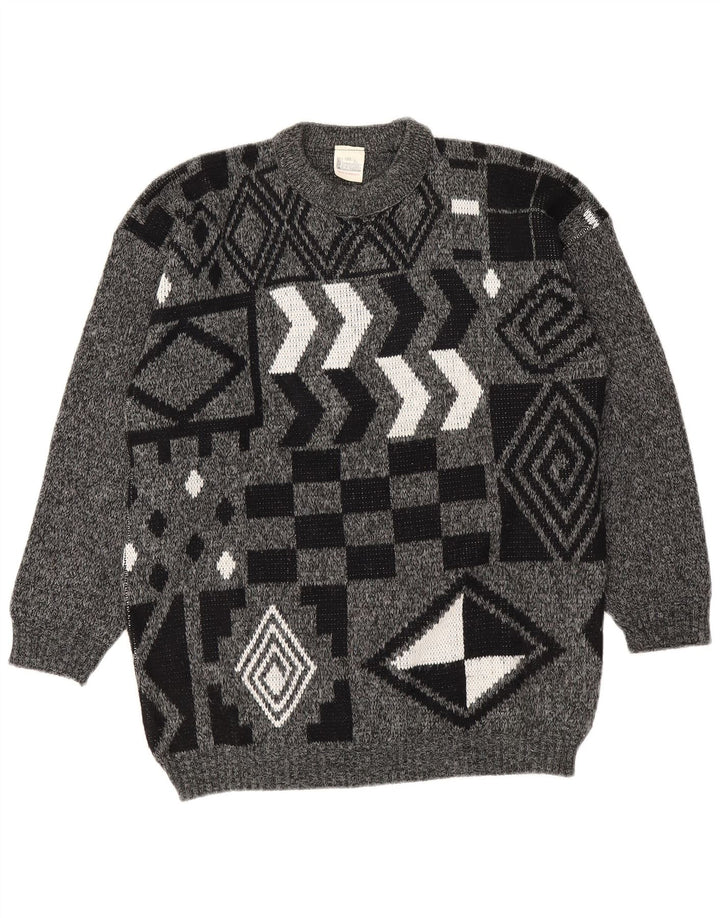 Vintage herre rund hals sweater mellemgrå geometrisk akryl