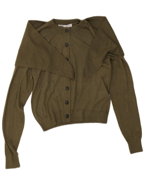 Zara Womens Crop Cardigan Sweater UK 10 Small Khaki Polyamide