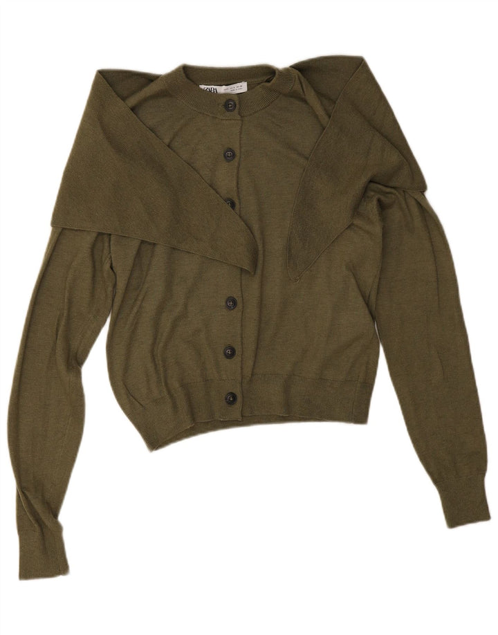 Zara Womens Crop Cardigan Sweater UK 10 Small Khaki Polyamide
